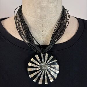 Artisan Boho Multi-Strand Black & White Mother of Pearl Inlay Pendant Necklace